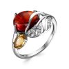 Кольцо классическое из серебра 925 с янтарём, цитрином, фианит