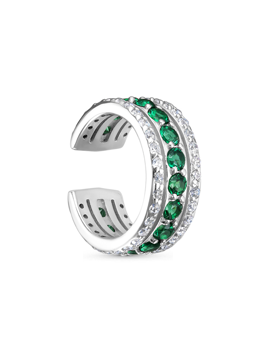 Серьга каффы из серебра 925 с нано изумрудом, фианит