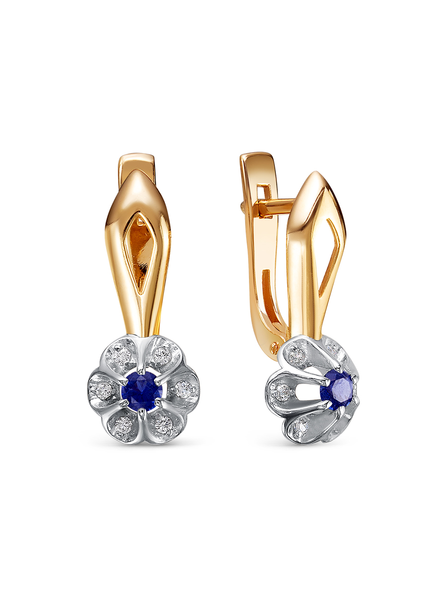 Серьги английский замок из серебра 925 с сапфиром гидротермальным, фианит