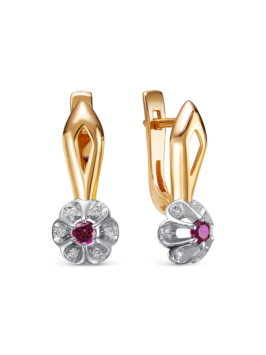 Серьги английский замок из серебра 925 с рубином корунд, фианит