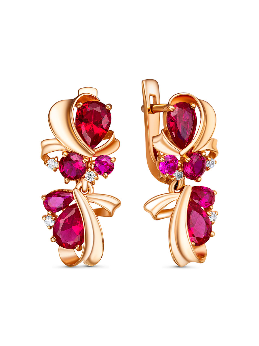 Серьги английский замок из серебра 925 с рубином корунд, фианит