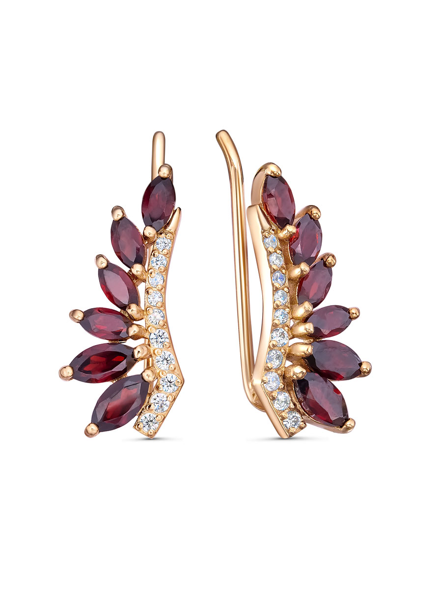 Серьги каффы из серебра 925 с гранатом, фианит