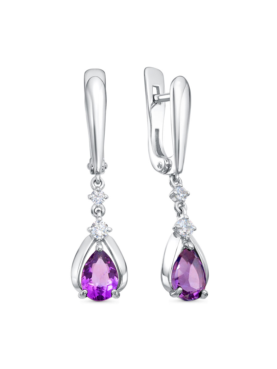 Серьги английский замок из серебра 925 с аметистом, фианит