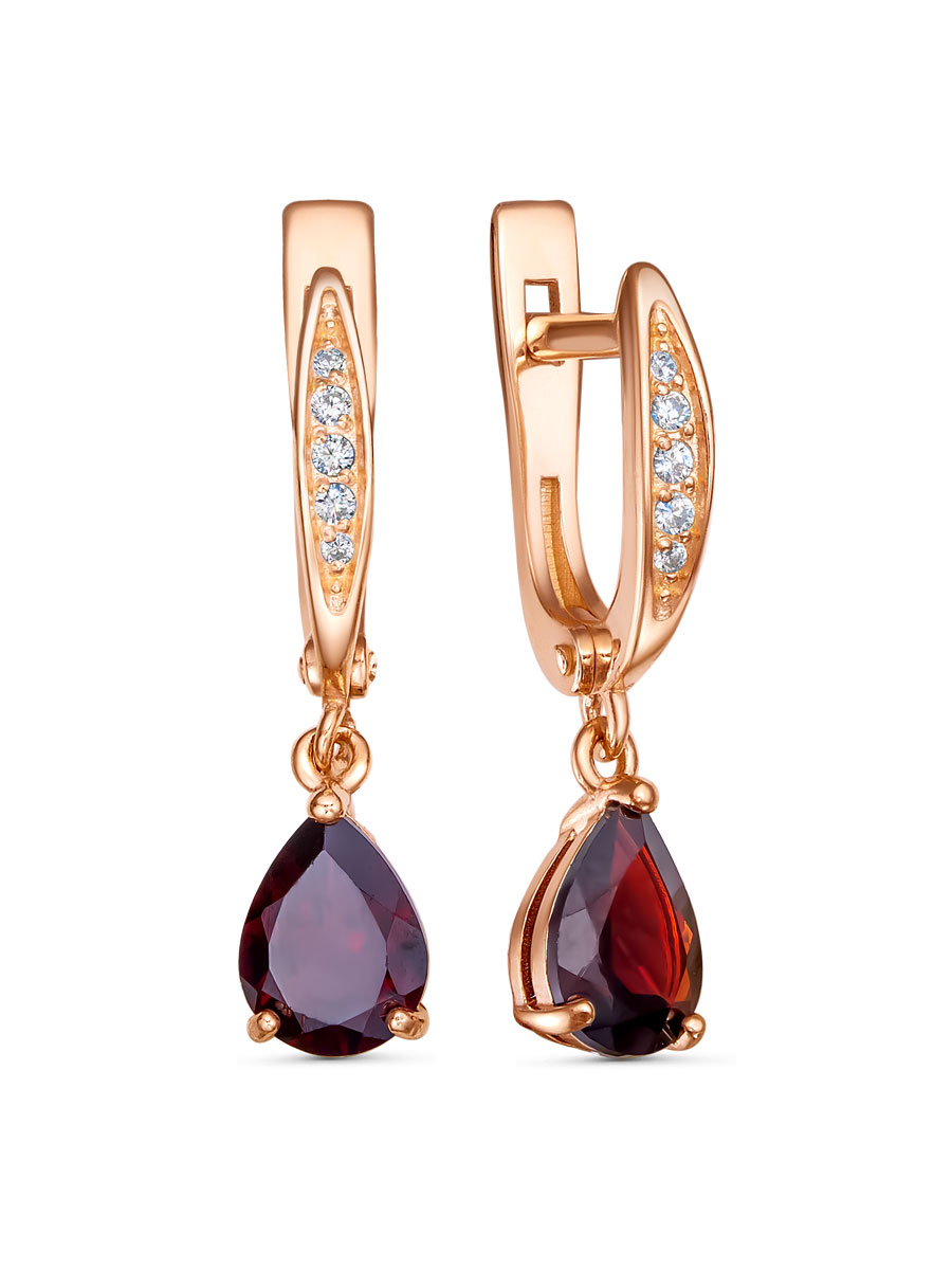 Серьги английский замок из серебра 925 с гранатом, фианит