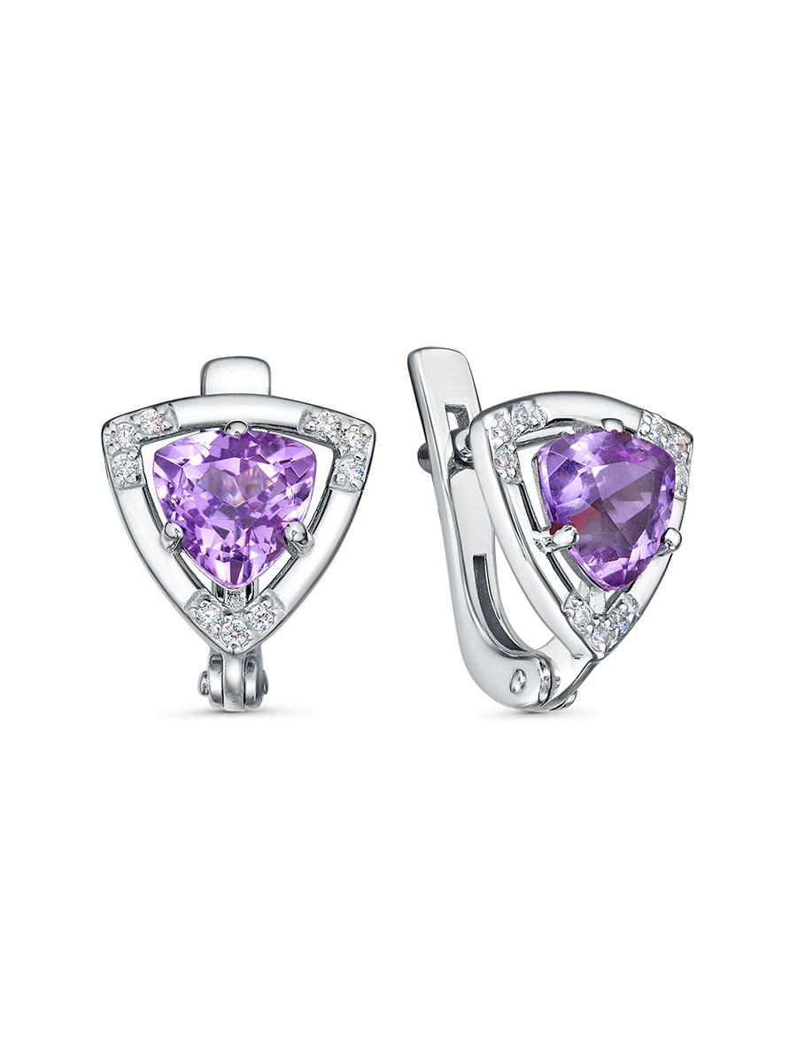 Серьги английский замок из серебра 925 с аметистом, фианит