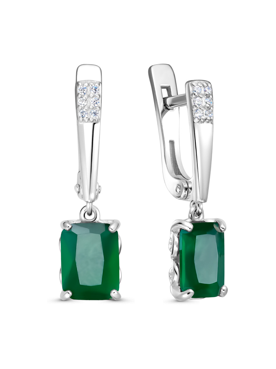 Серьги английский замок из серебра 925 с агатом, фианит