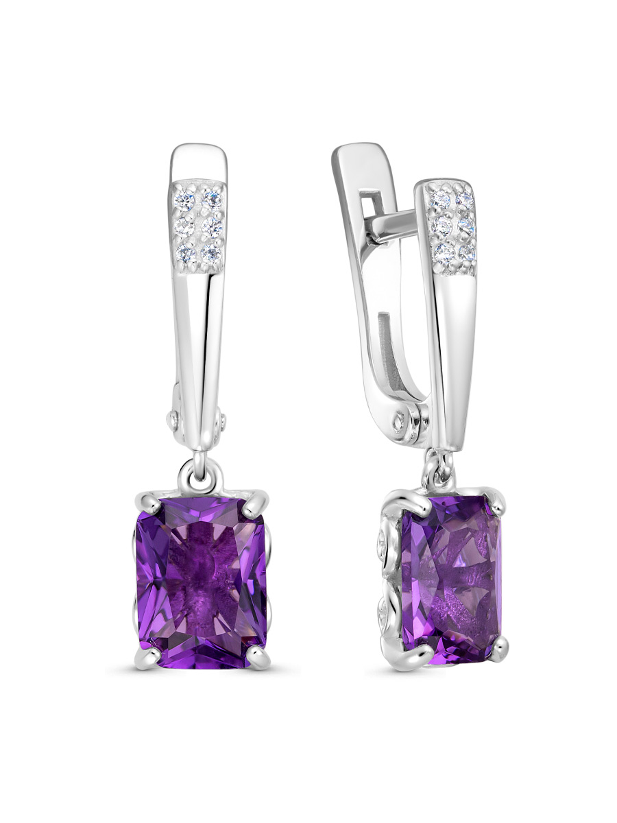 Серьги английский замок из серебра 925 с аметистом, фианит
