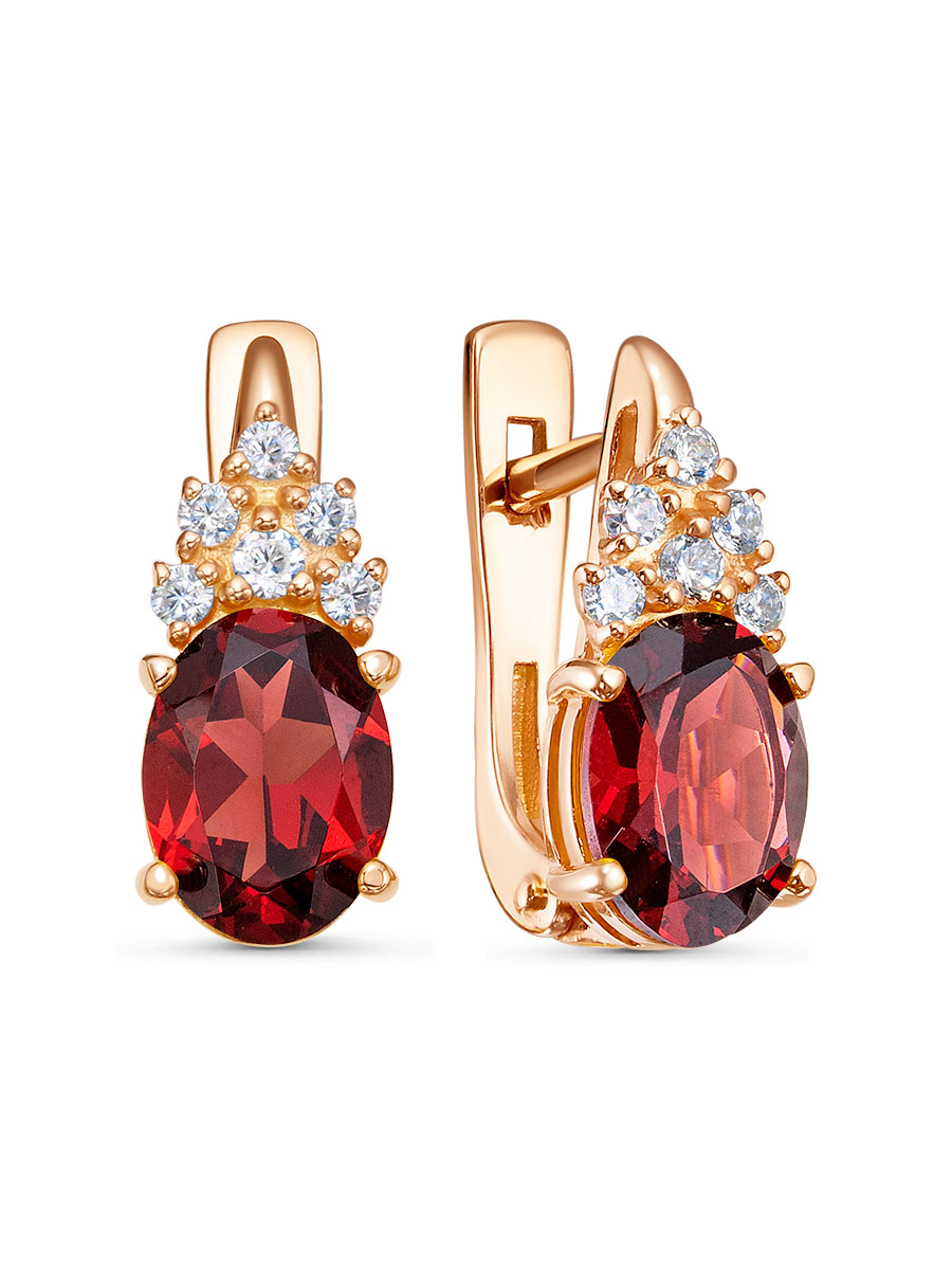 Серьги английский замок из серебра 925 с гранатом, фианит