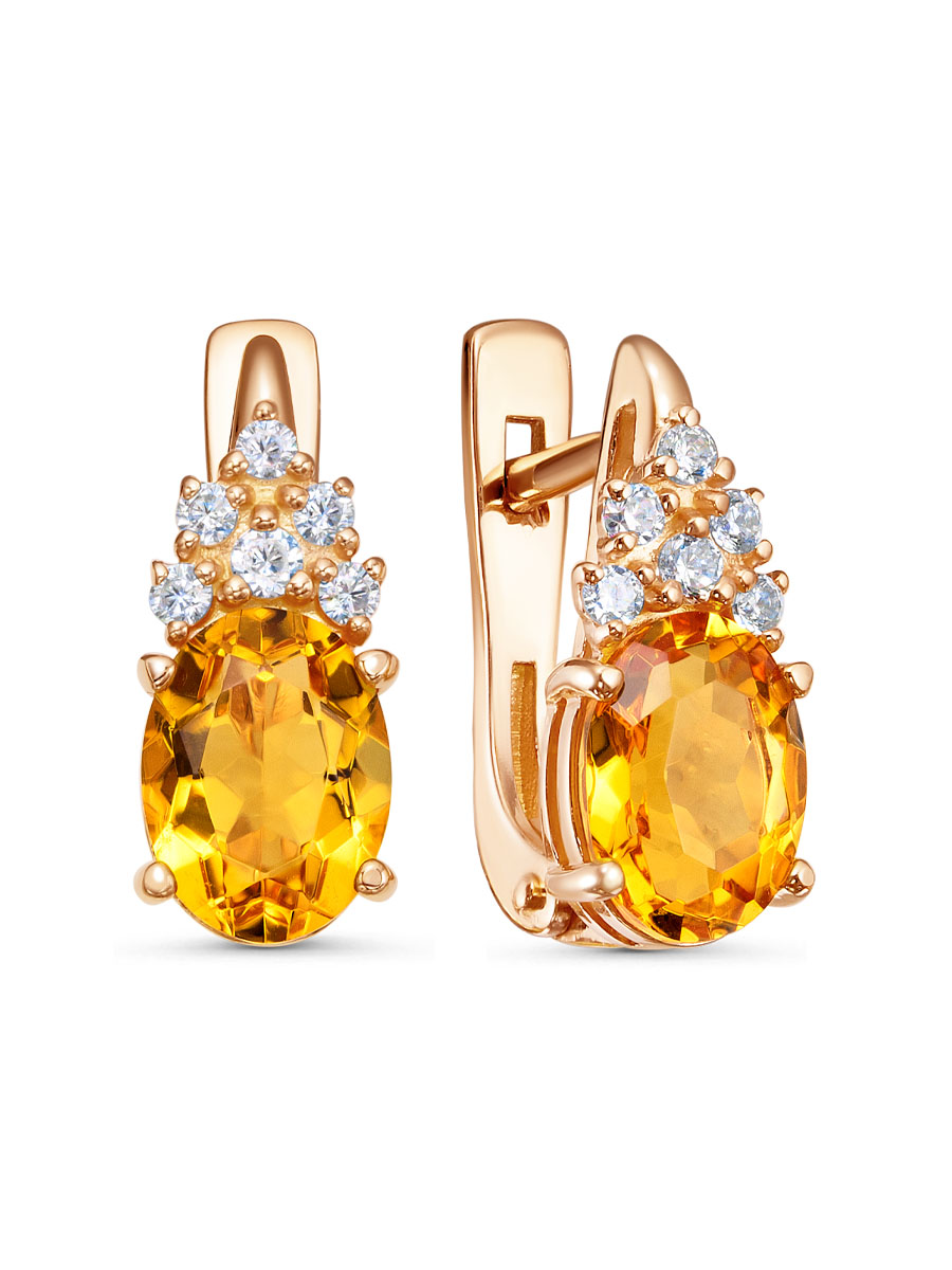 Серьги английский замок из серебра 925 с цитрином, фианит