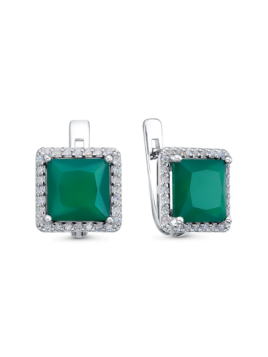 Серьги английский замок из серебра 925 с агатом, фианит