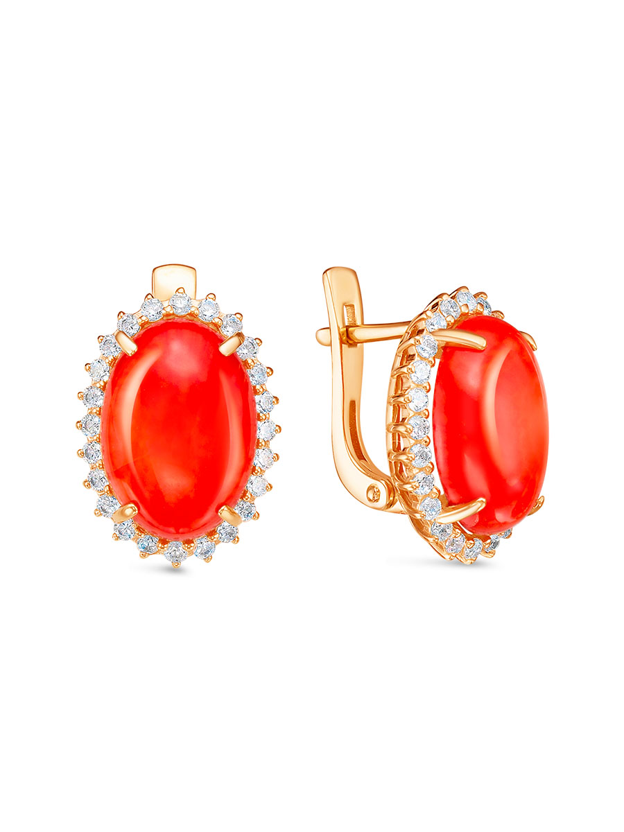 Серьги английский замок из серебра 925 с кораллом, фианит