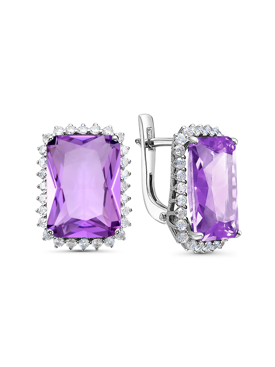 Серьги английский замок из серебра 925 с аметистом, фианит