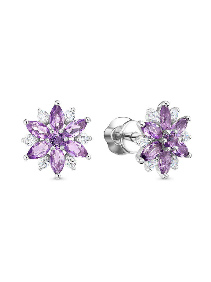 Серьги пусеты из серебра 925 с аметистом, фианит