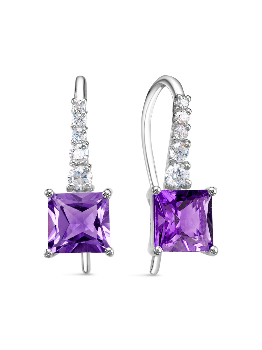 Серьги французский замок из серебра 925 с аметистом, фианит