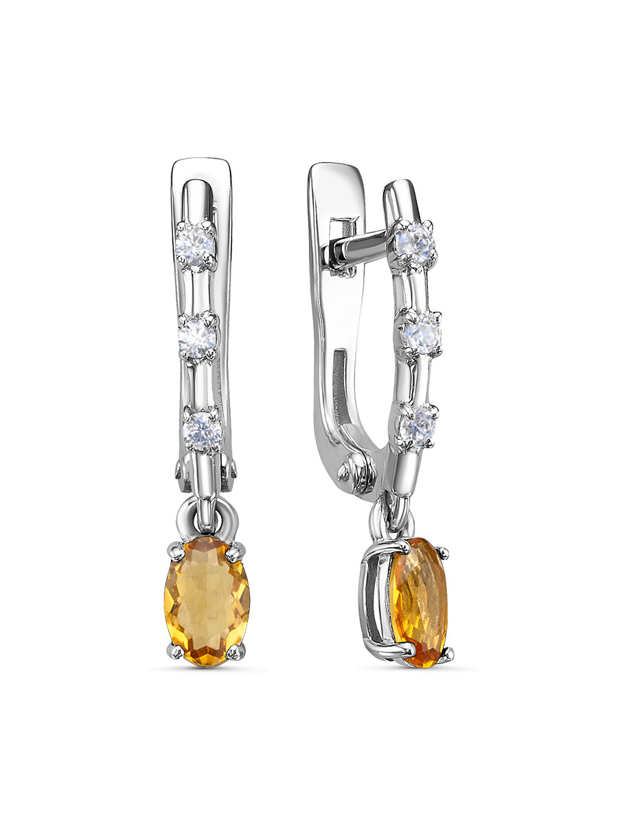 Серьги английский замок из серебра 925 с цитрином, фианит