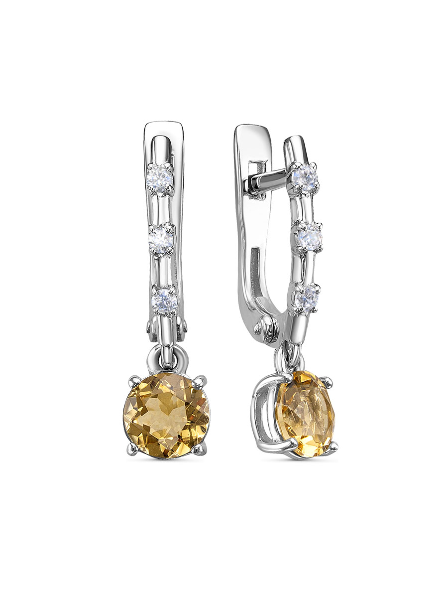 Серьги английский замок из серебра 925 с цитрином, фианит