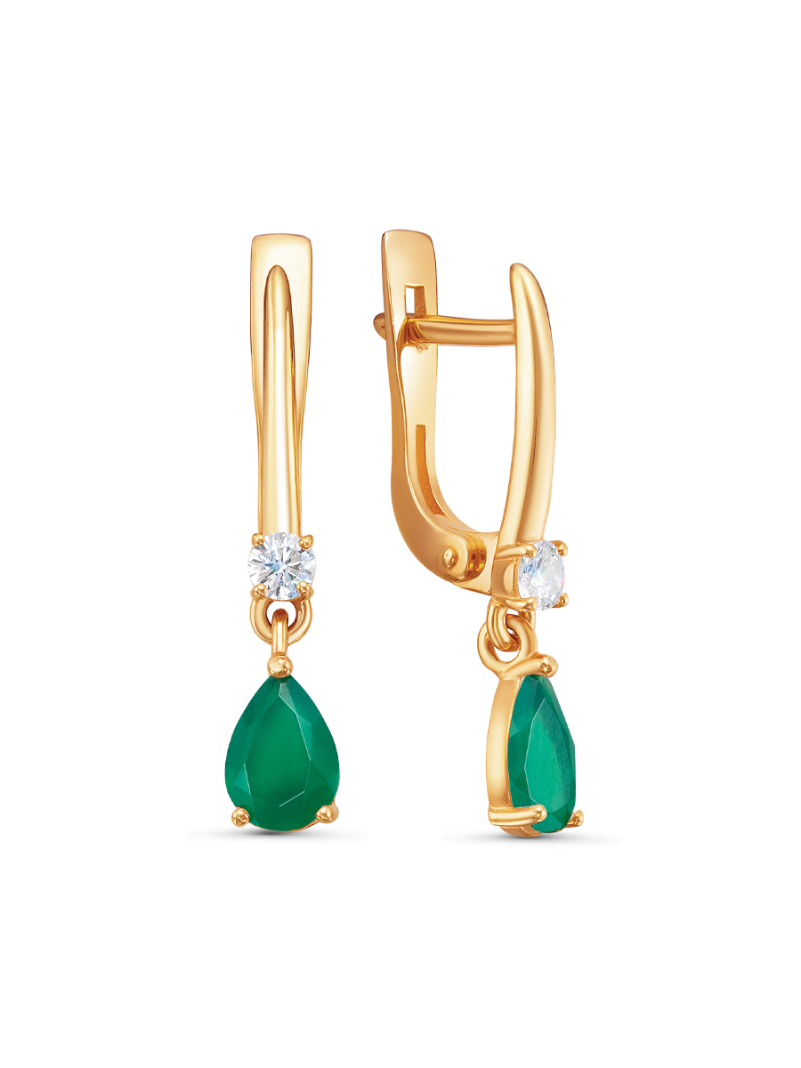 Серьги английский замок из серебра 925 с агатом, фианит