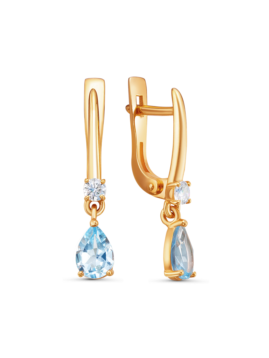 Серьги английский замок из серебра 925 с топазом, фианит