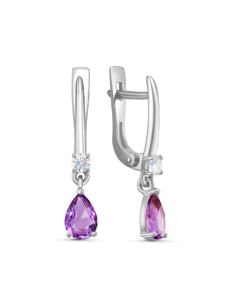 Серьги английский замок из серебра 925 с аметистом, фианит