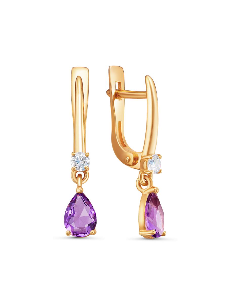 Серьги английский замок из серебра 925 с аметистом, фианит