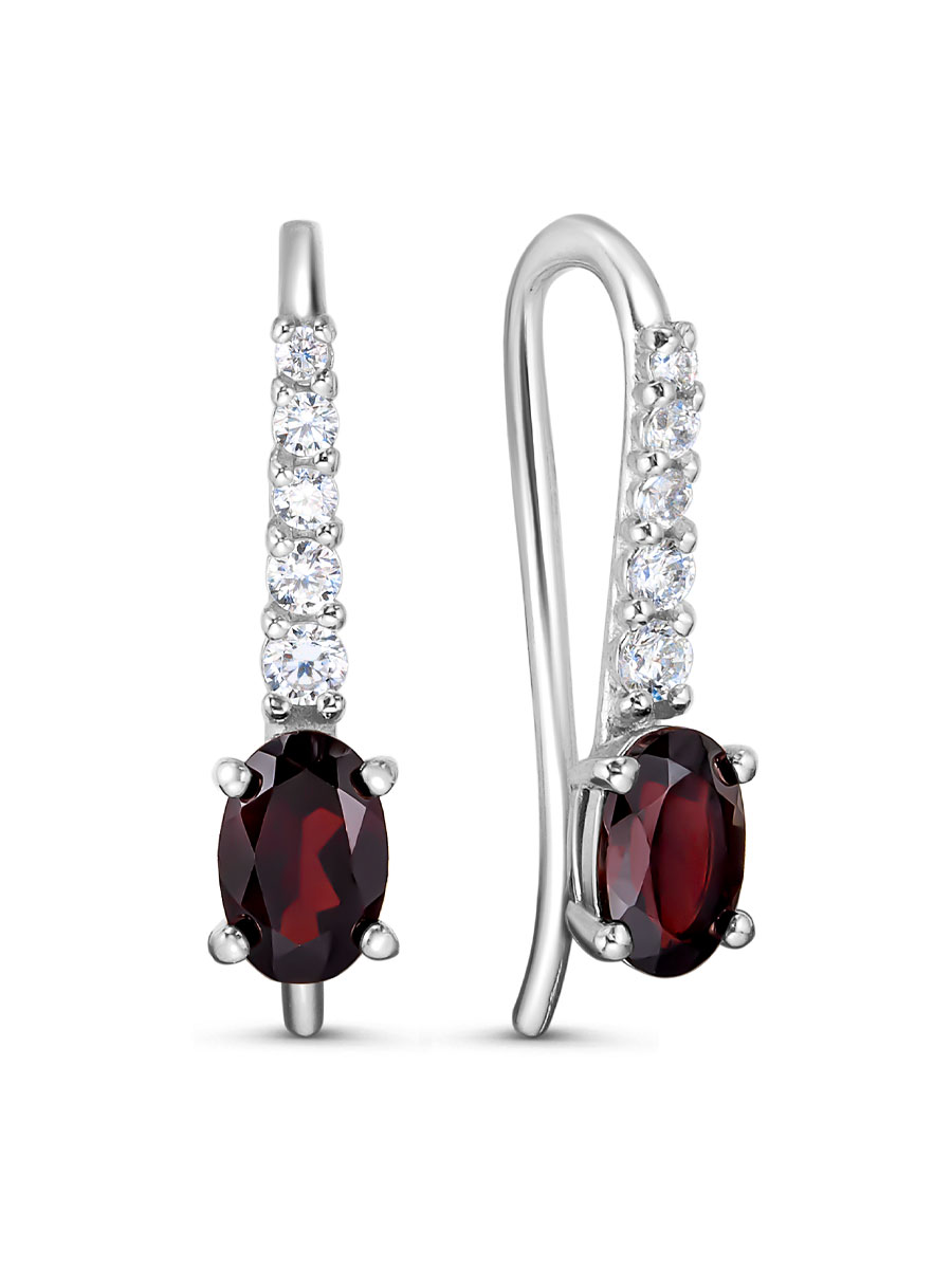 Серьги французский замок из серебра 925 с гранатом, фианит