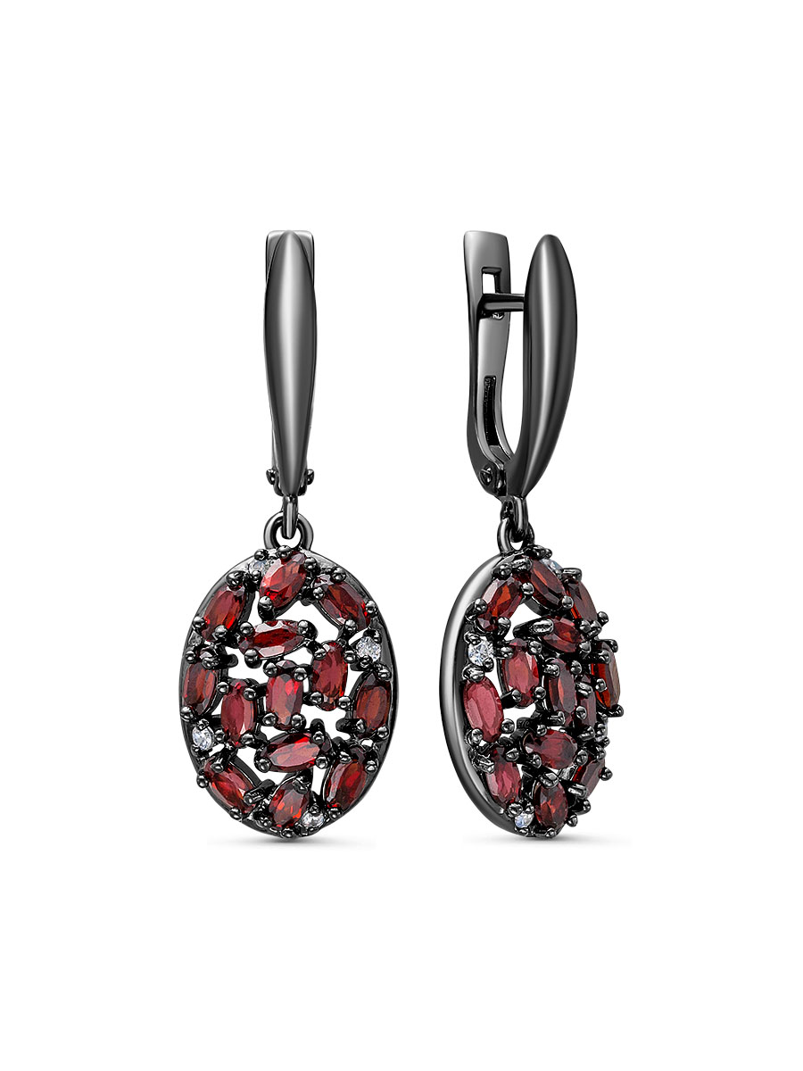 Серьги английский замок из серебра 925 с гранатом, фианит