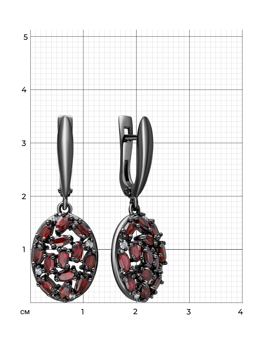 Серьги английский замок из серебра 925 с гранатом, фианит