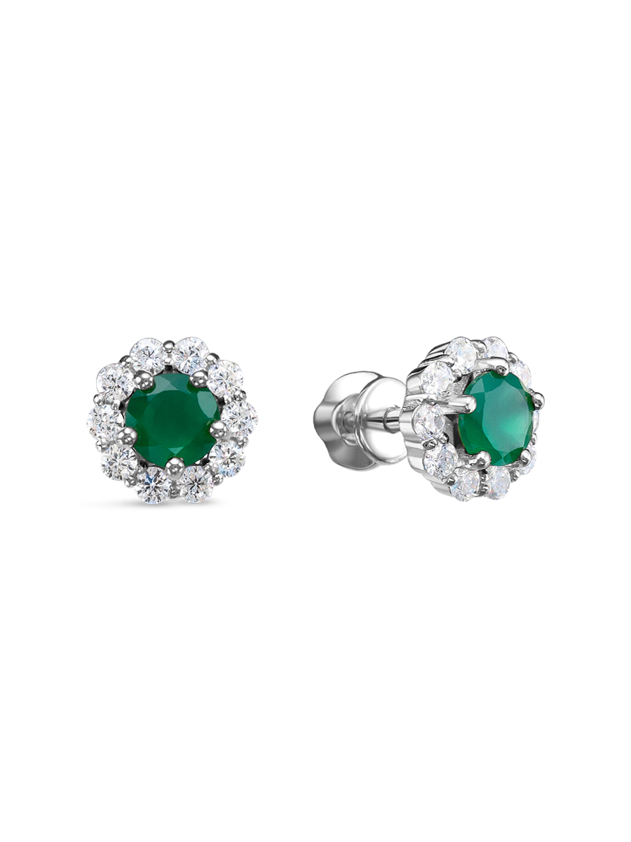 Серьги пусеты из серебра 925 с агатом, фианит
