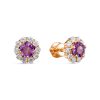 Серьги пусеты из серебра 925 с аметистом, фианит