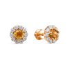 Серьги пусеты из серебра 925 с цитрином, фианит
