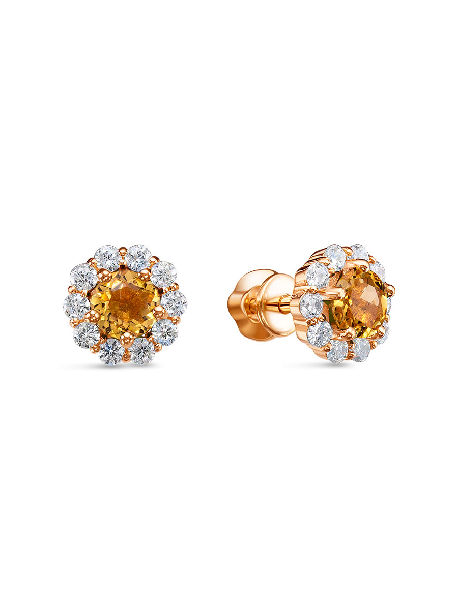 Серьги пусеты из серебра 925 с цитрином, фианит