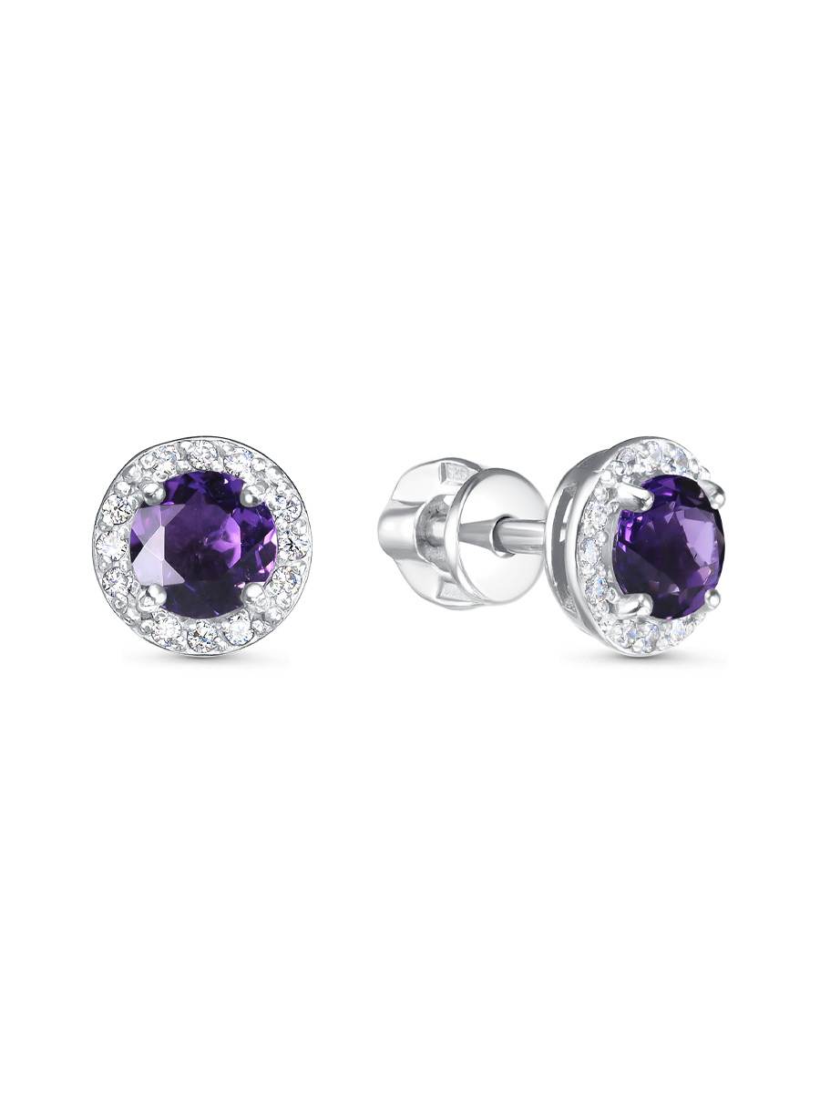 Серьги пусеты из серебра 925 с аметистом, фианит