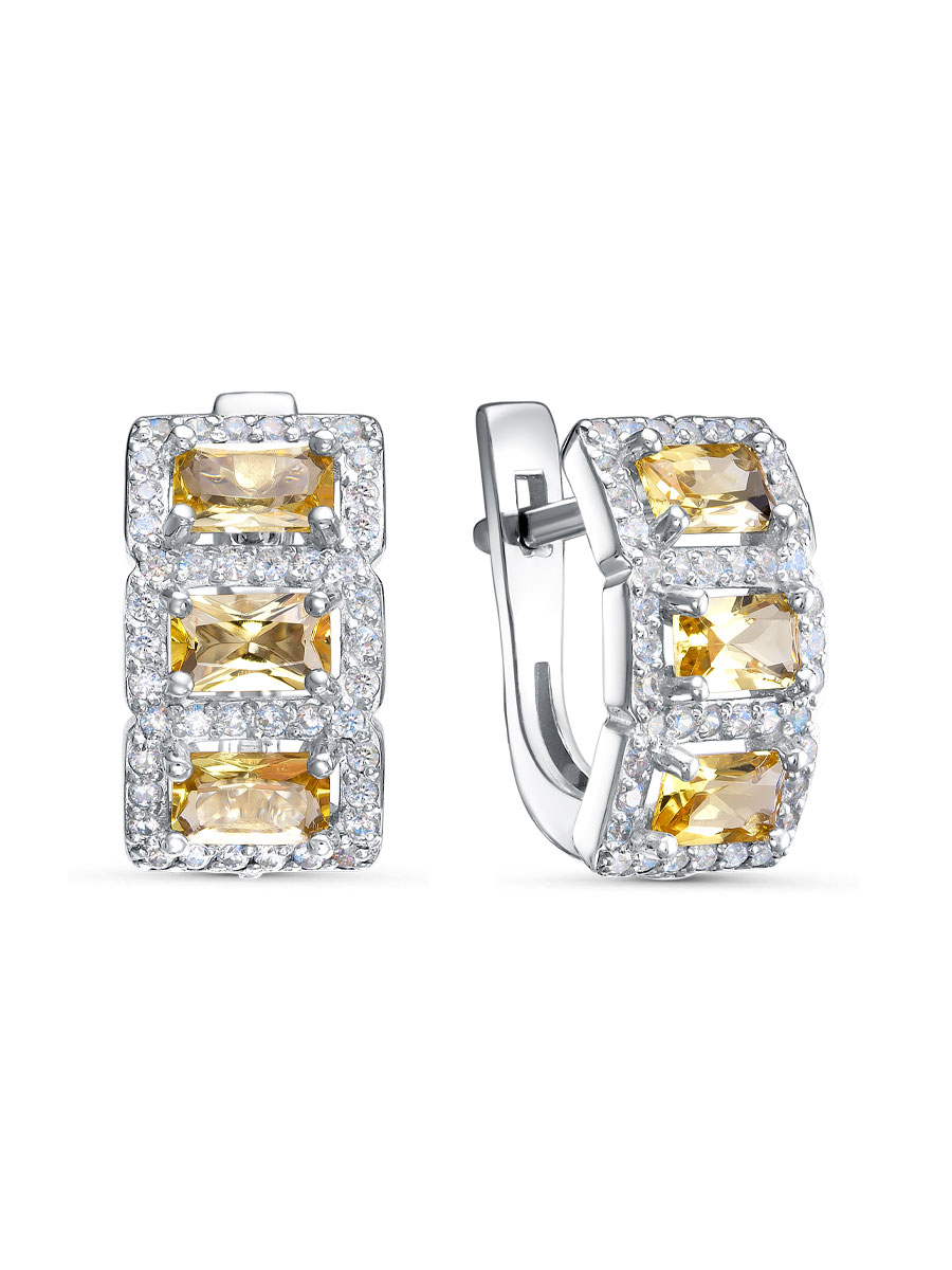 Серьги английский замок из серебра 925 с цитрином, фианит