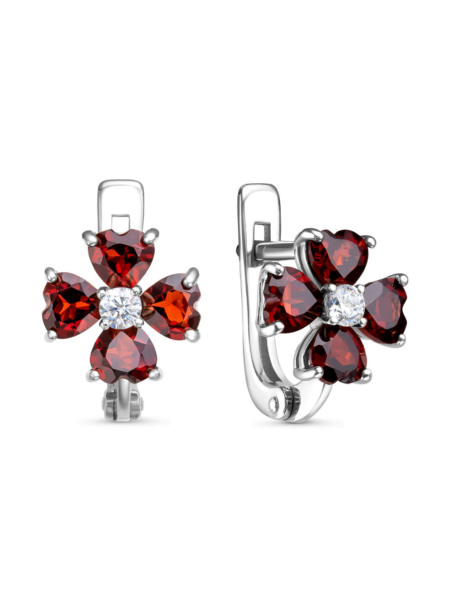 Серьги английский замок из серебра 925 с гранатом, фианит
