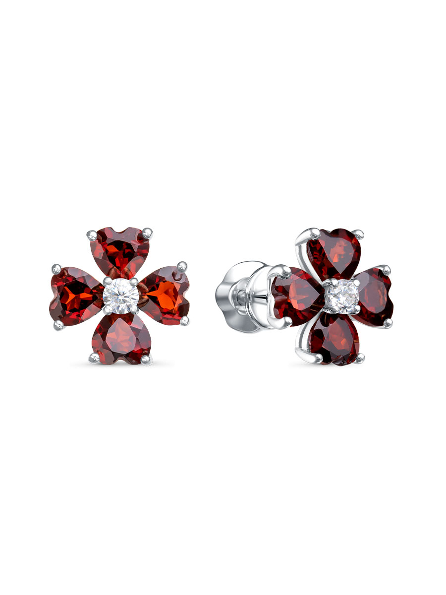 Серьги пусеты из серебра 925 с гранатом, фианит