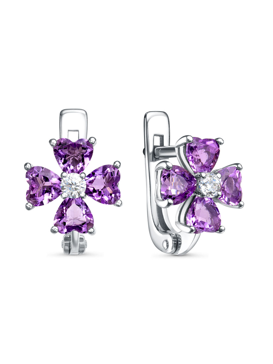 Серьги английский замок из серебра 925 с аметистом, фианит