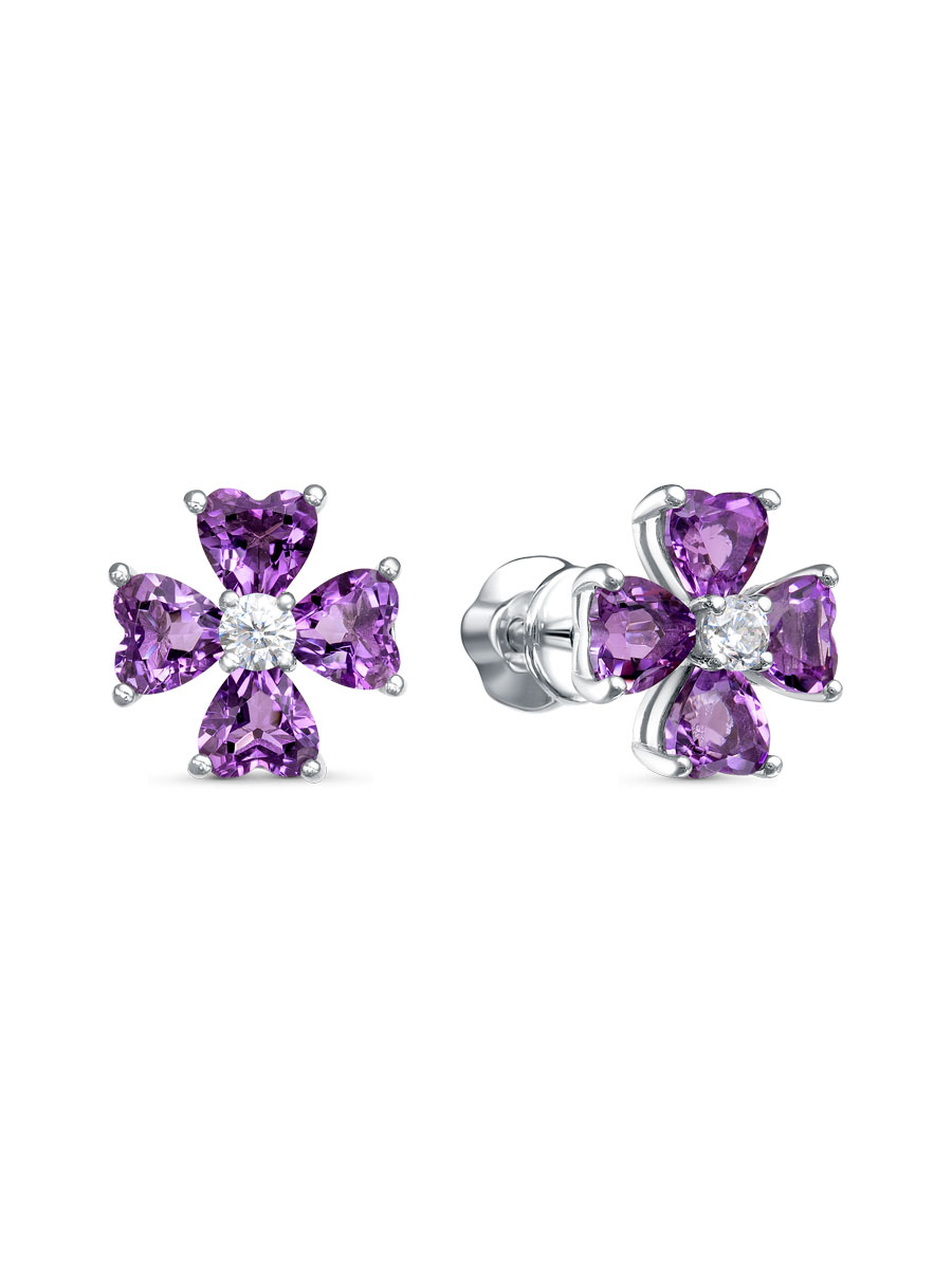 Серьги пусеты из серебра 925 с аметистом, фианит