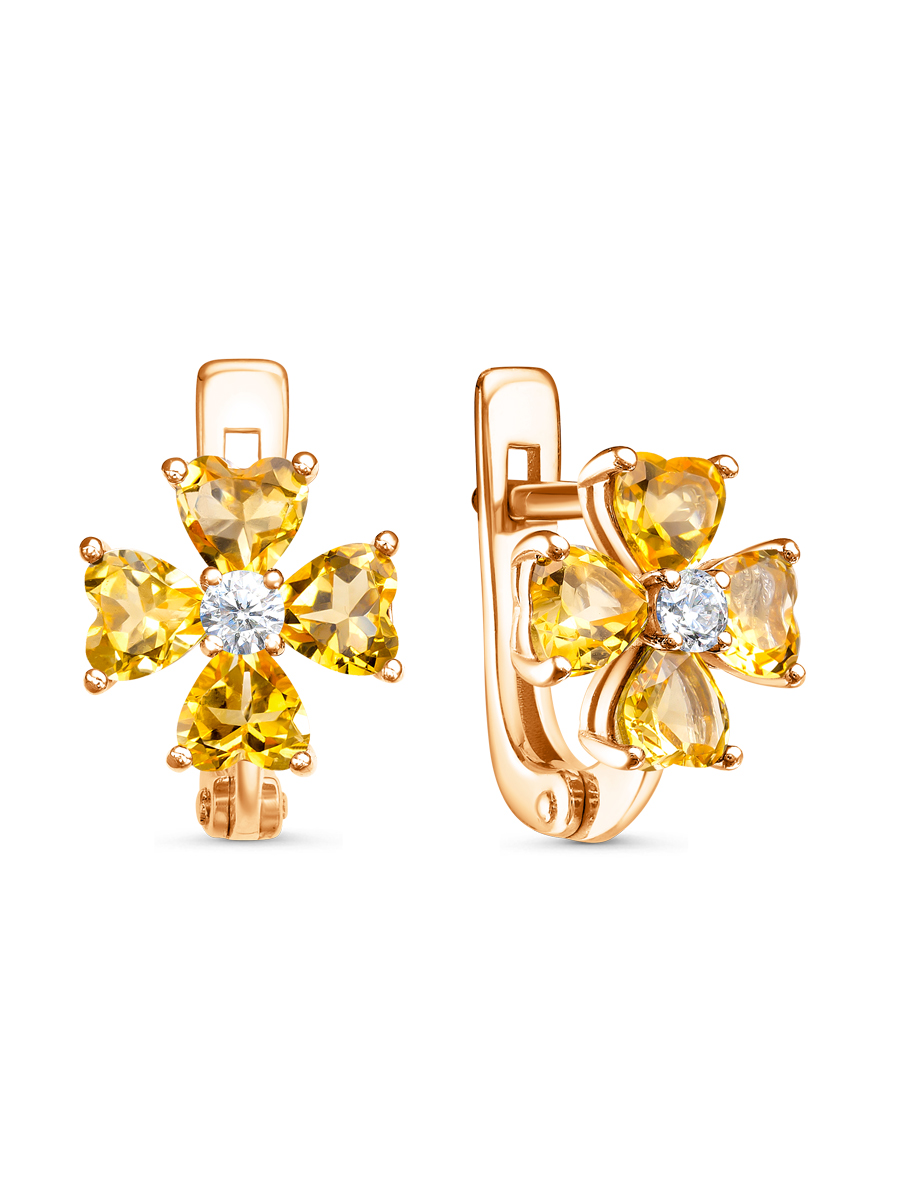 Серьги английский замок из серебра 925 с цитрином, фианит