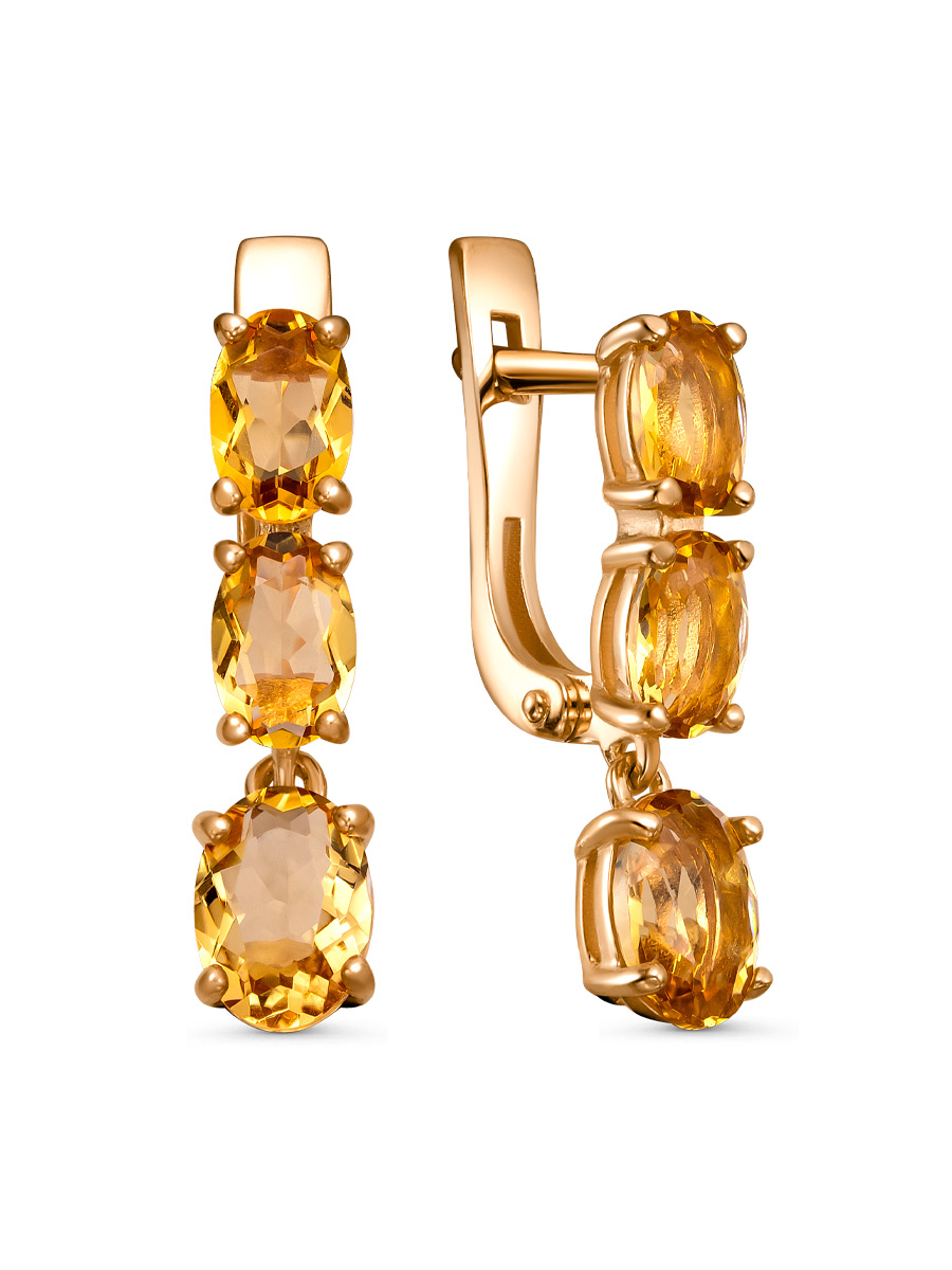 Серьги английский замок из серебра 925 с цитрином, фианит