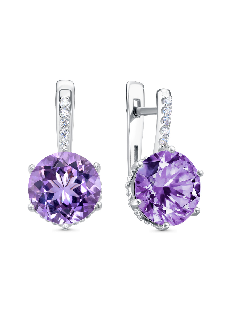 Серьги английский замок из серебра 925 с аметистом, фианит
