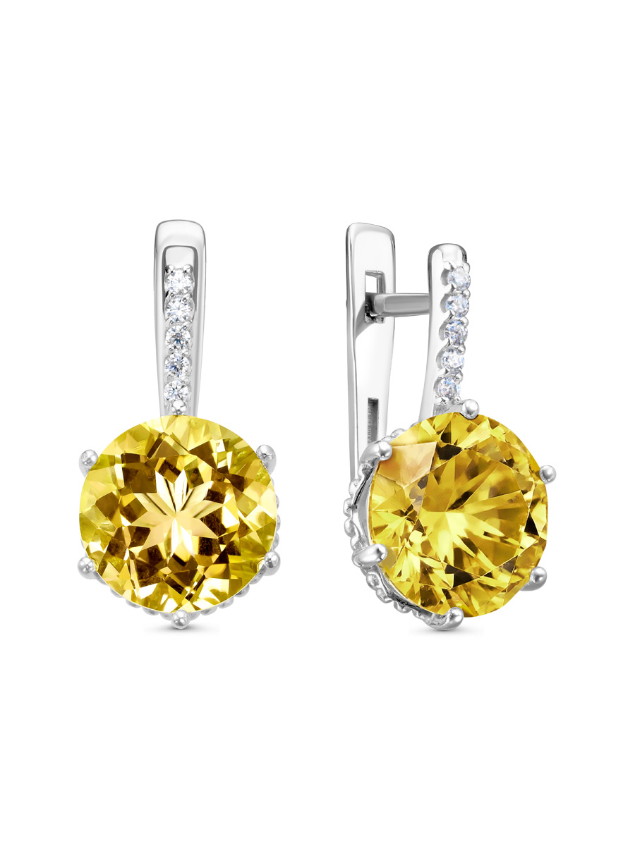 Серьги английский замок из серебра 925 с цитрином, фианит