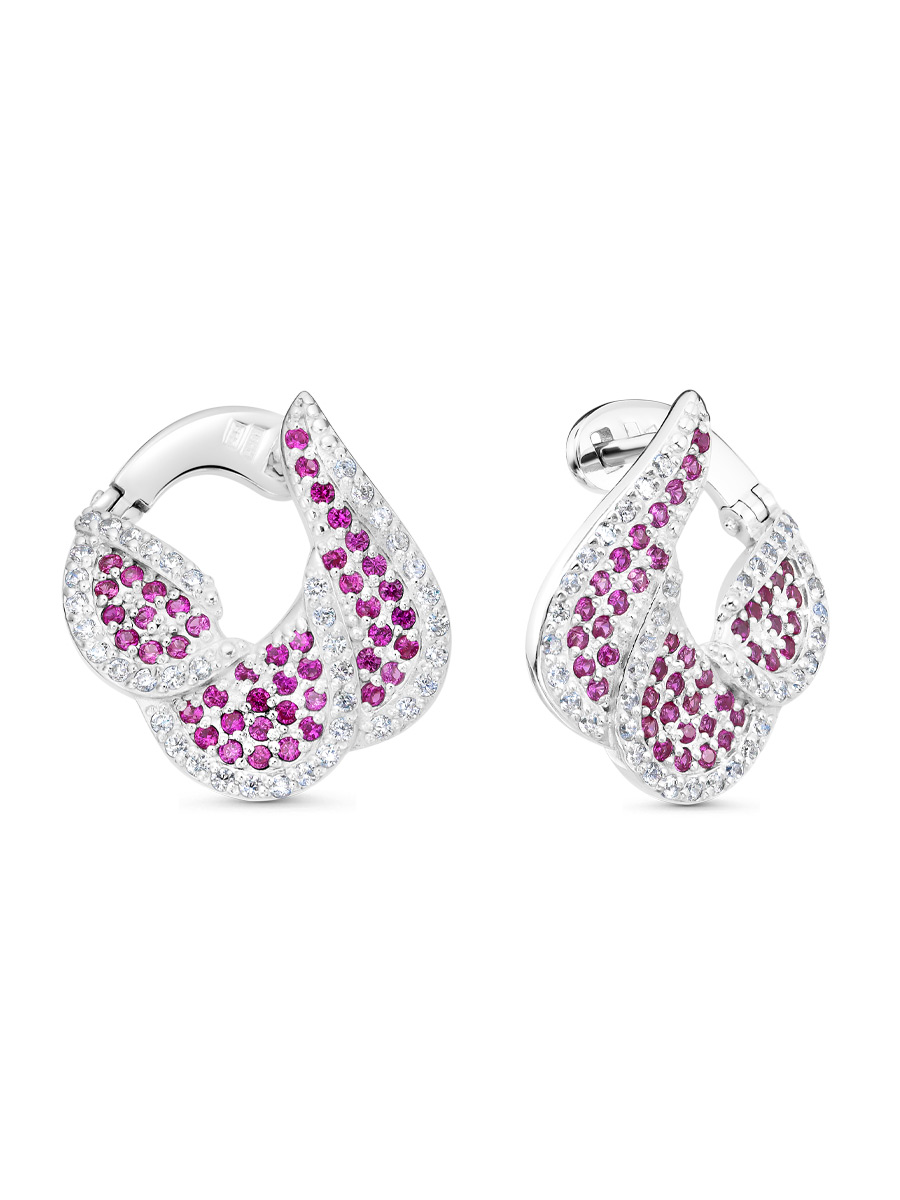 Серьги английский замок из серебра 925 с рубином корунд, фианит