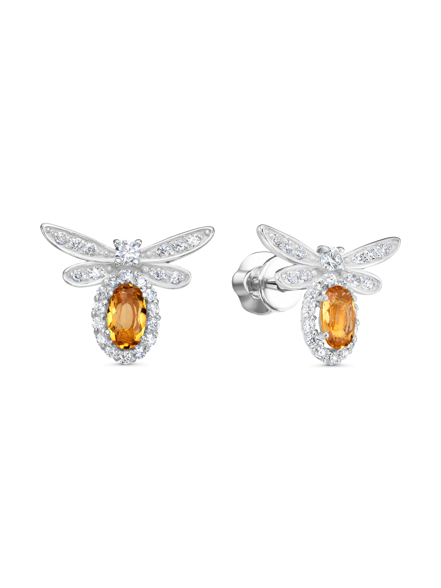 Серьги пусеты из серебра 925 с цитрином, фианит