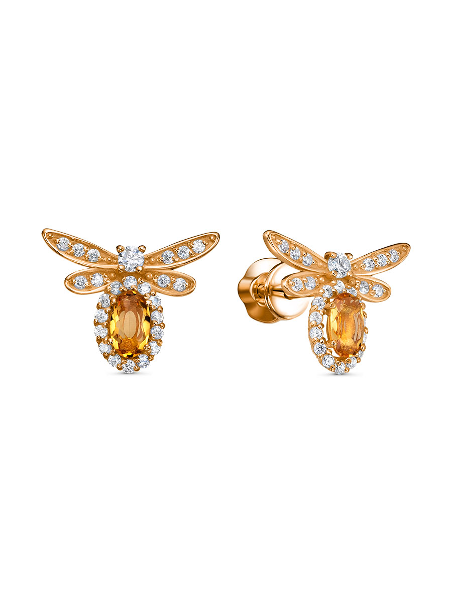 Серьги пусеты из серебра 925 с цитрином, фианит
