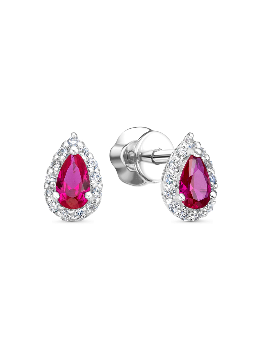 Серьги пусеты из серебра 925 с рубином корунд, фианит
