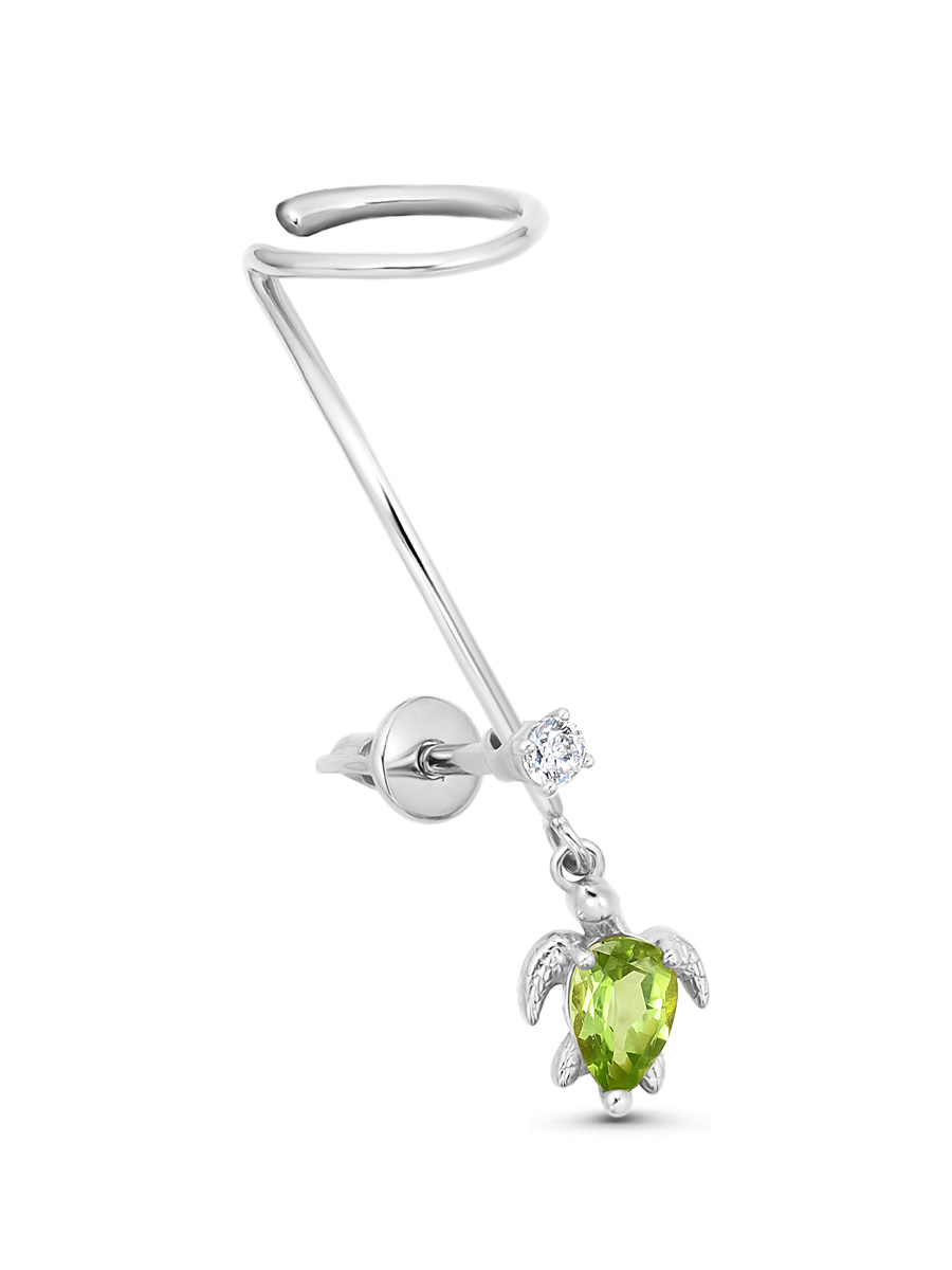 Серьга пусеты из серебра 925 с хризолитом, фианит