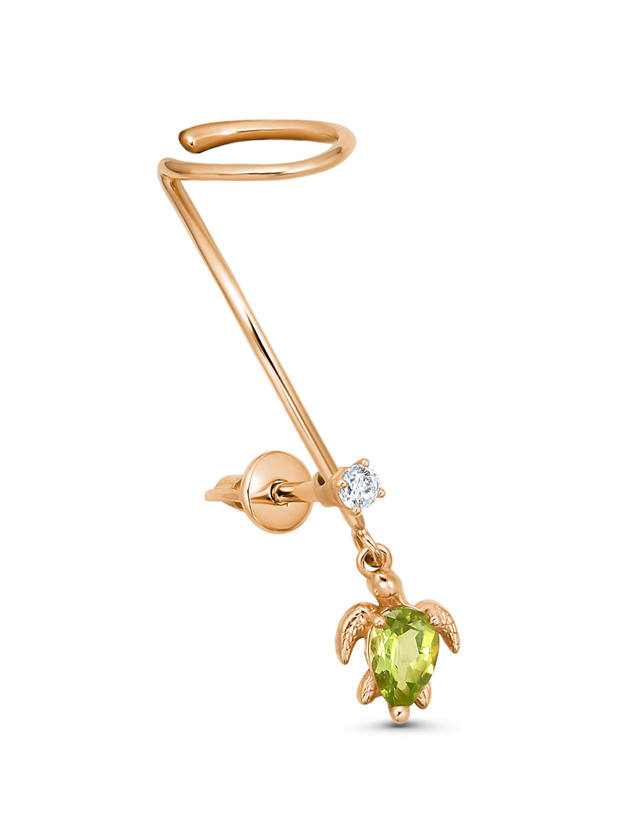 Серьга пусеты из серебра 925 с хризолитом, фианит