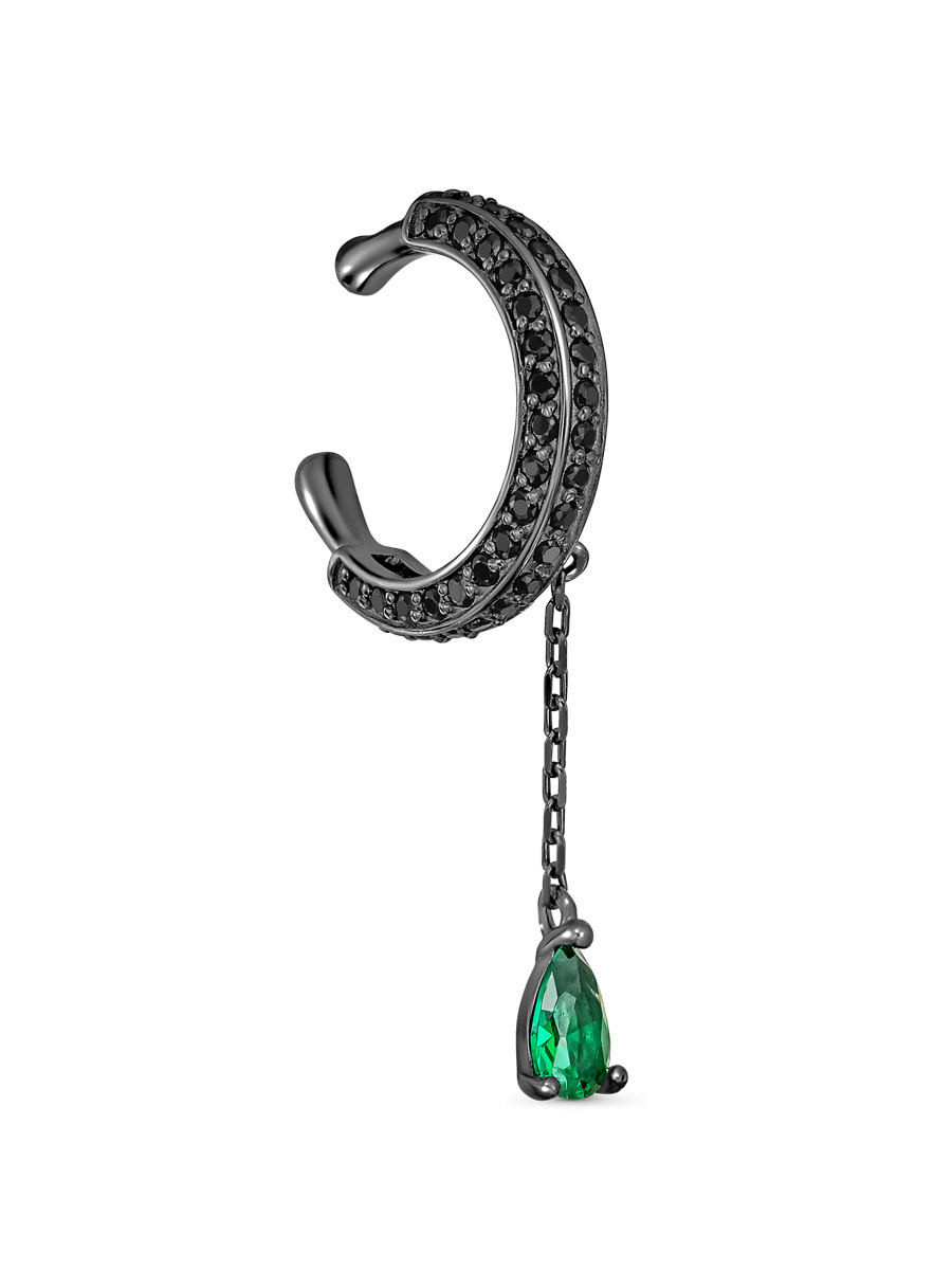 Серьга каффы из серебра 925 с нано изумрудом, шпинелем