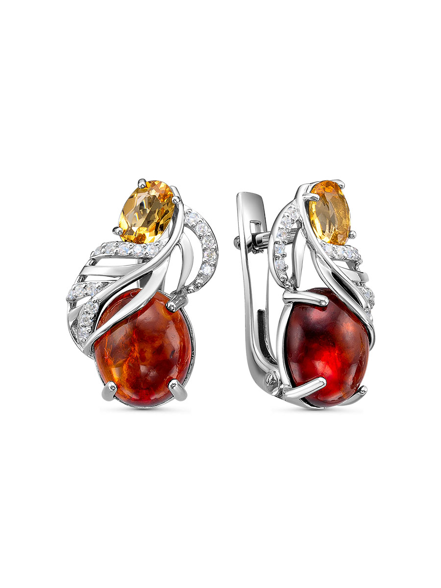 Серьги английский замок из серебра 925 с янтарём, фианит, цитрином