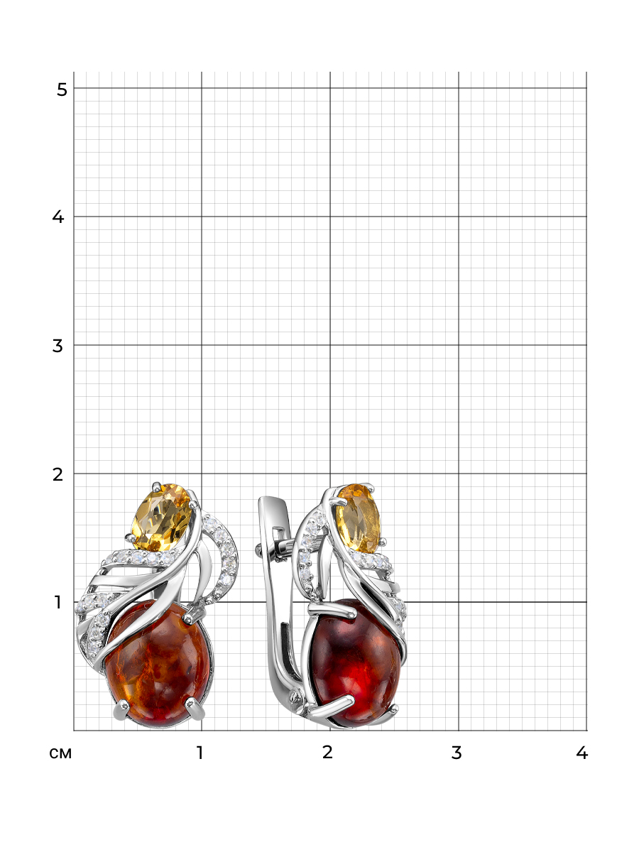 Серьги английский замок из серебра 925 с янтарём, фианит, цитрином